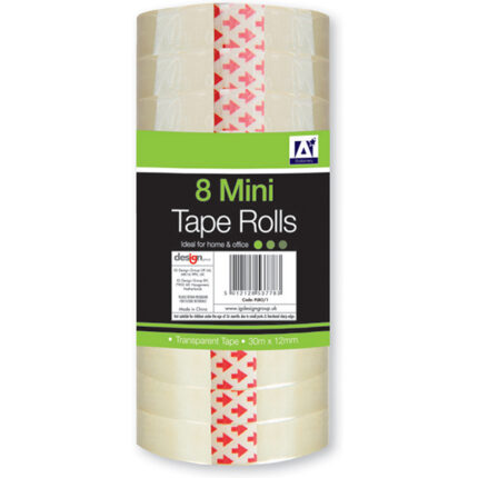 TRANSPARENT MINI TAPE ROLLS 30M X 12MM 8 PACK