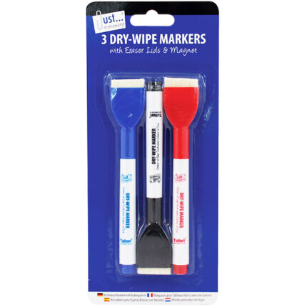 JUST STATIONERY ASSORTED COLOUR DRY-WIPE MARKERS 3 PACK