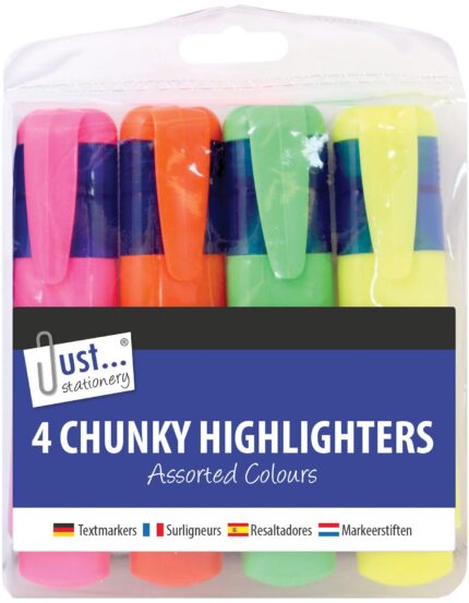 JUST STATIONERY CHUNKY HIGHLIGHTERS ASSORTED COLOURS 4 PACK